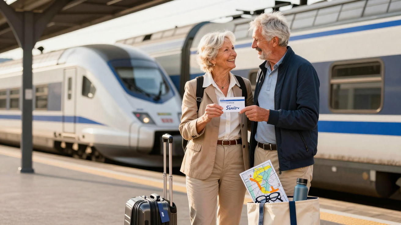 Casal sénior sorridente com mala e mapa numa estação de comboios junto a um comboio moderno.