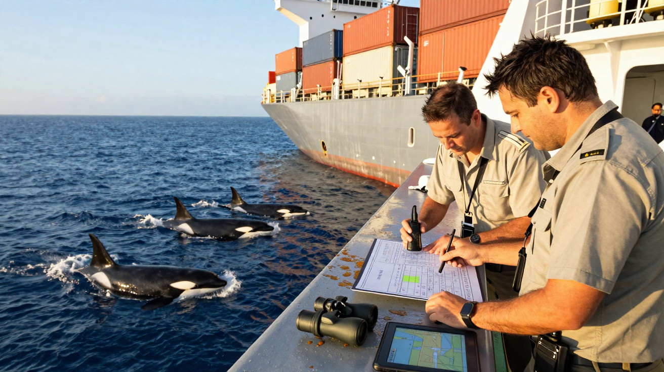Dois homens em uniforme trabalham a bordo de um navio junto a um grupo de orcas no mar.