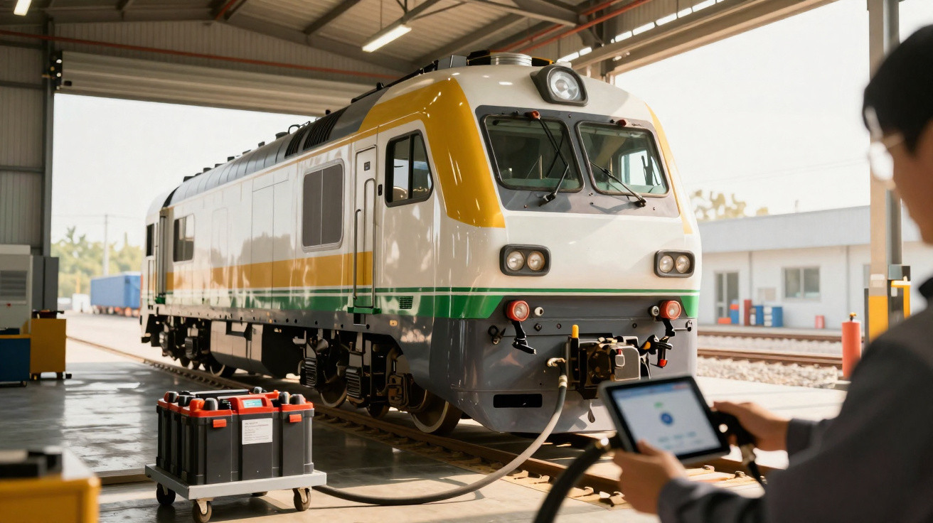 Comboio moderno branco e amarelo em estação de manutenção, com operador a controlar com tablet.