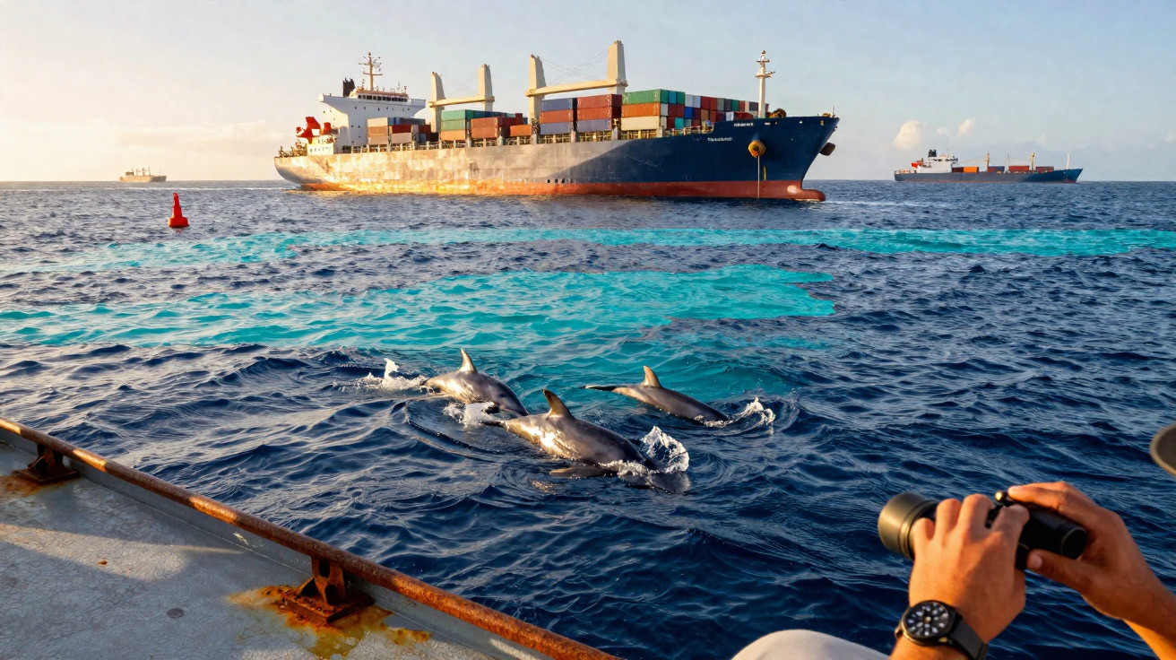 Golfinhos a nadar perto de um navio de contentores com uma pessoa a fotografar junto ao barco.