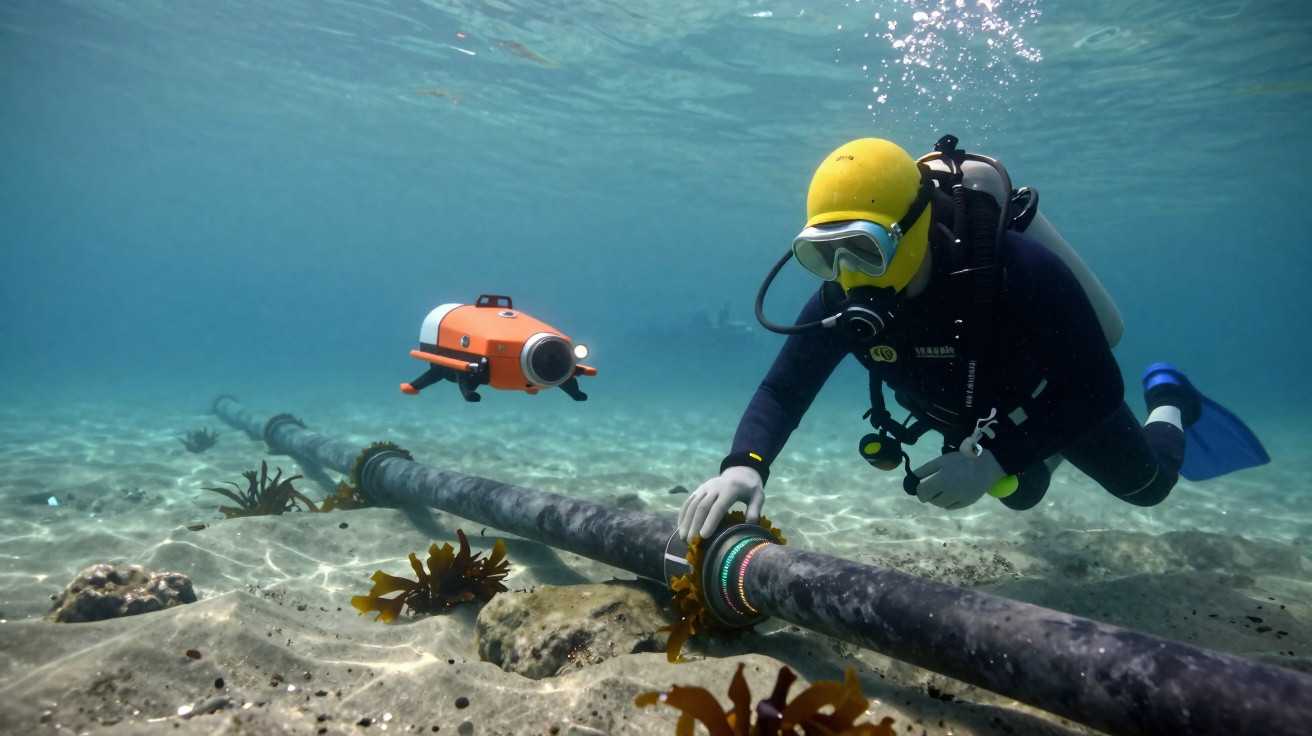 Mergulhador com equipamento a inspecionar e reparar tubagem subaquática acompanhado por drone amarelo e laranja.
