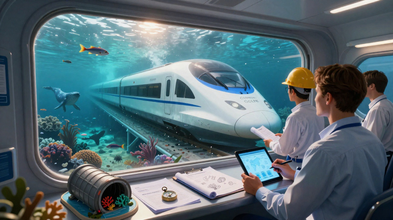 Três especialistas observam comboio de alta velocidade a passar por túnel submarino com vida marinha colorida à volta.