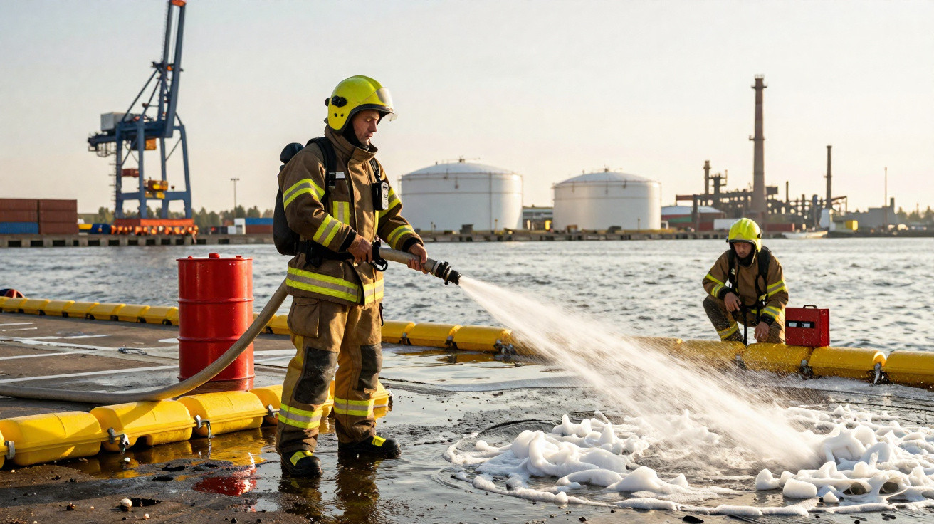 Bombeiros com equipamento anti-incêndio a apagar fogo com espuma junto a um cais industrial.
