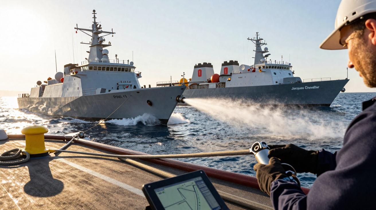 Homem com capacete controla jato de água para navios no mar num dia claro ao pôr do sol.
