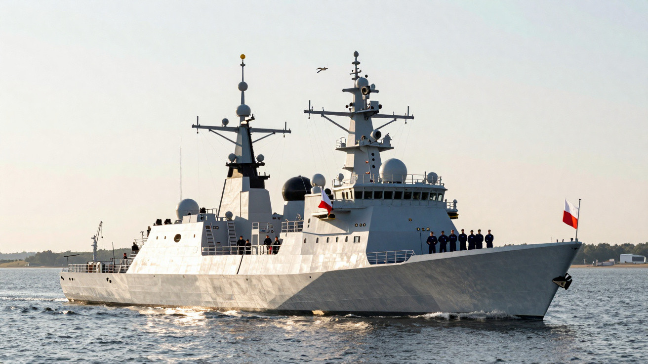 Navio de guerra cinzento com tripulação no convés navegando em mar calmo ao entardecer.