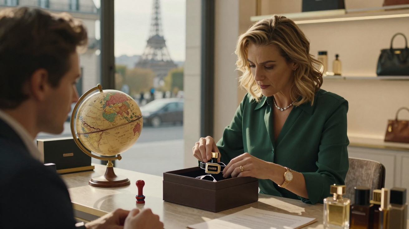 Mulher a mostrar anel dentro de caixa num escritório com vista para a Torre Eiffel em Paris.