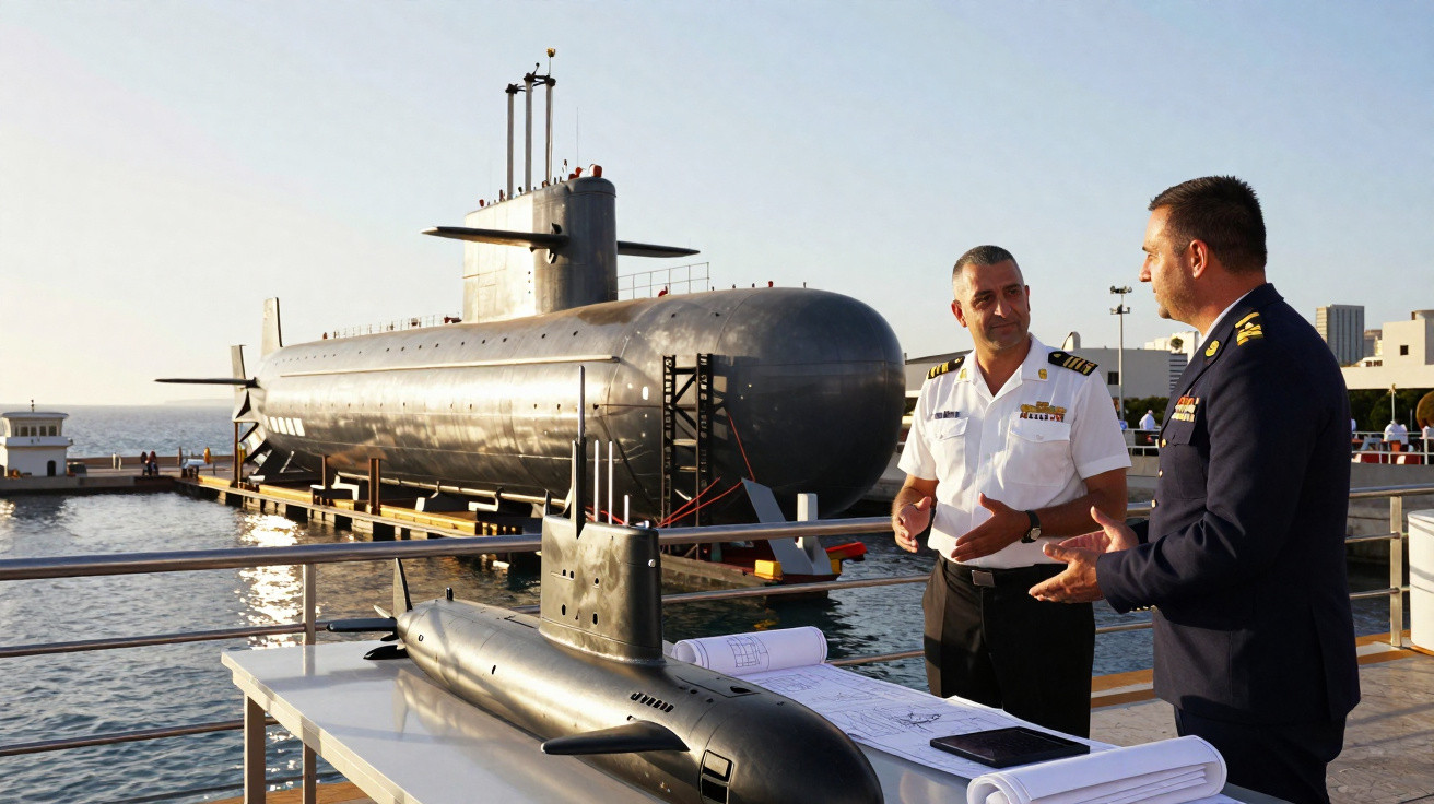 Dois oficiais da marinha conversam ao lado de um modelo e de um submarino real atracado num porto.
