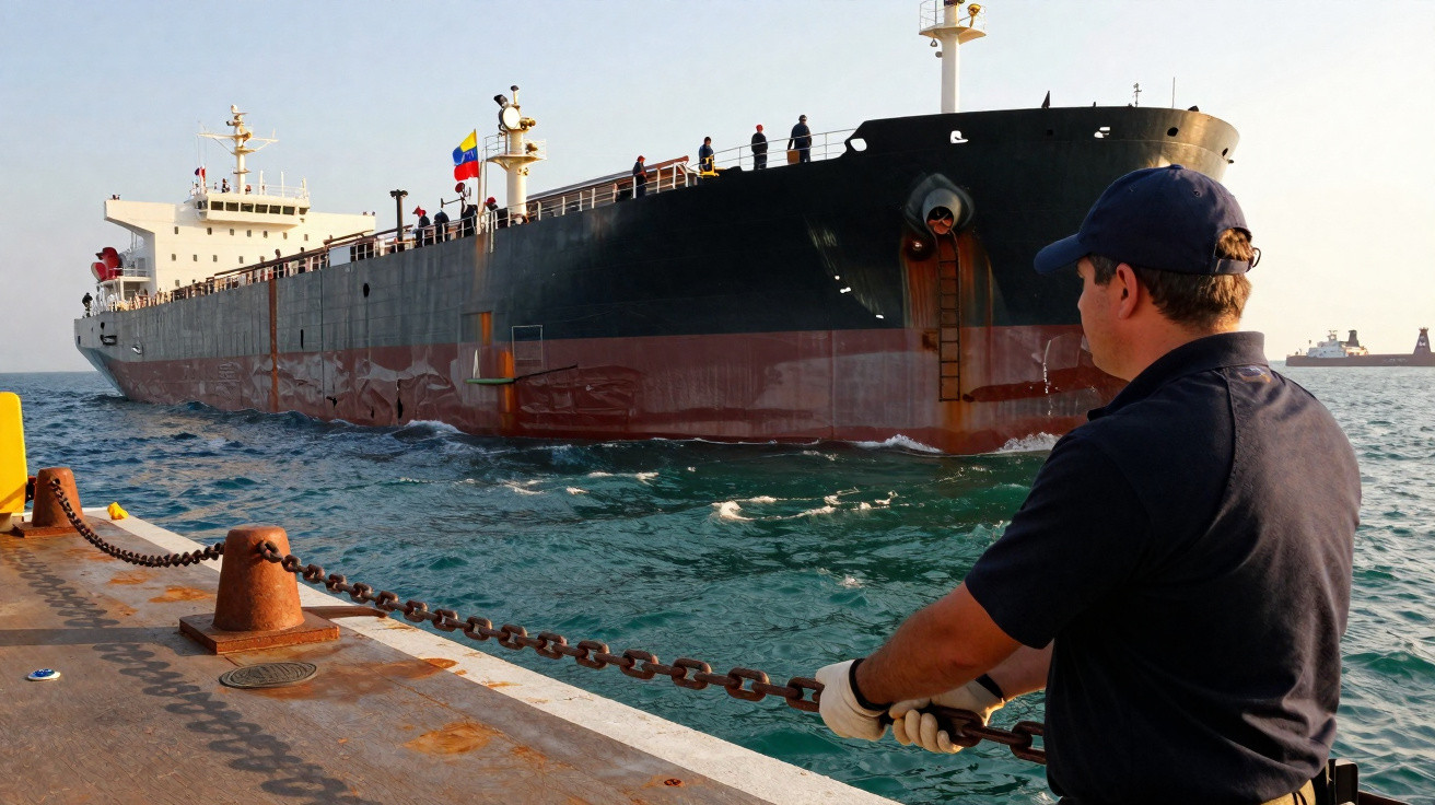 Homem controla corrente enquanto navio petroleiro se aproxima do cais num dia de mar calmo.