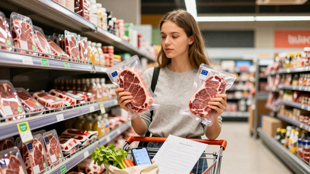 Mulher jovem a escolher entre dois pacotes de carne num supermercado com carrinho de compras.
