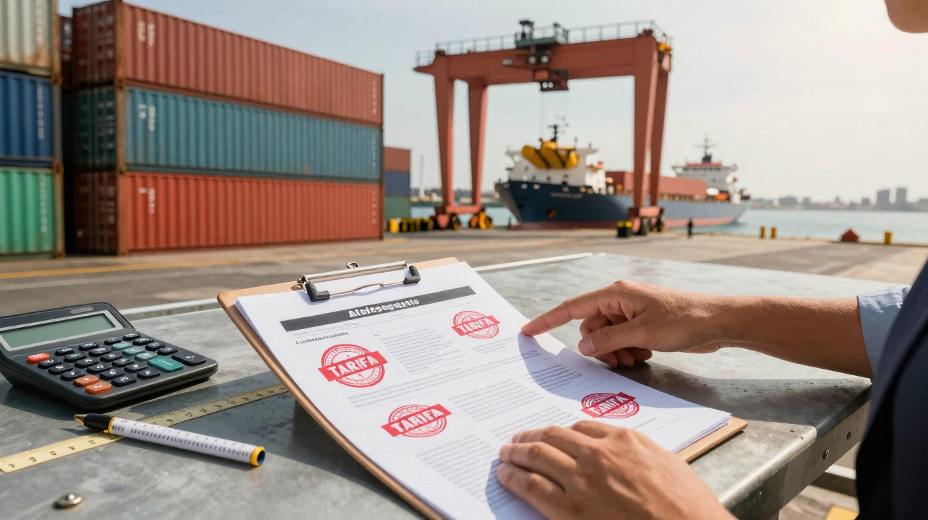 Mãos a analisar documento com carimbos "tarifa" perto de contentores, calculadora e navio no porto.