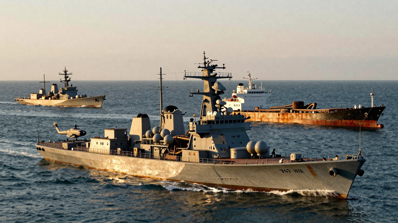 Dois navios militares e um cargueiro navegando no mar em dia claro.