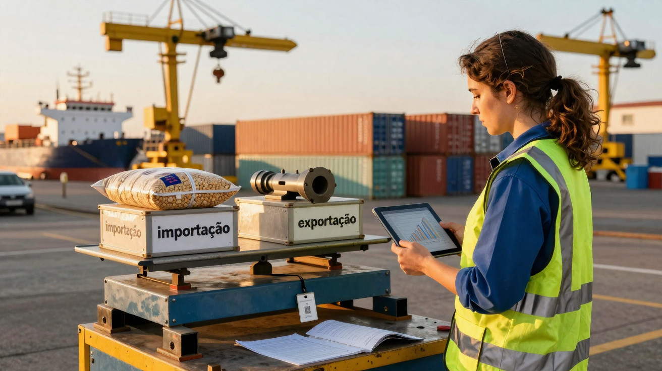 Mulher com colete refletor analisa tablet em porto com cargas de importação e exportação.