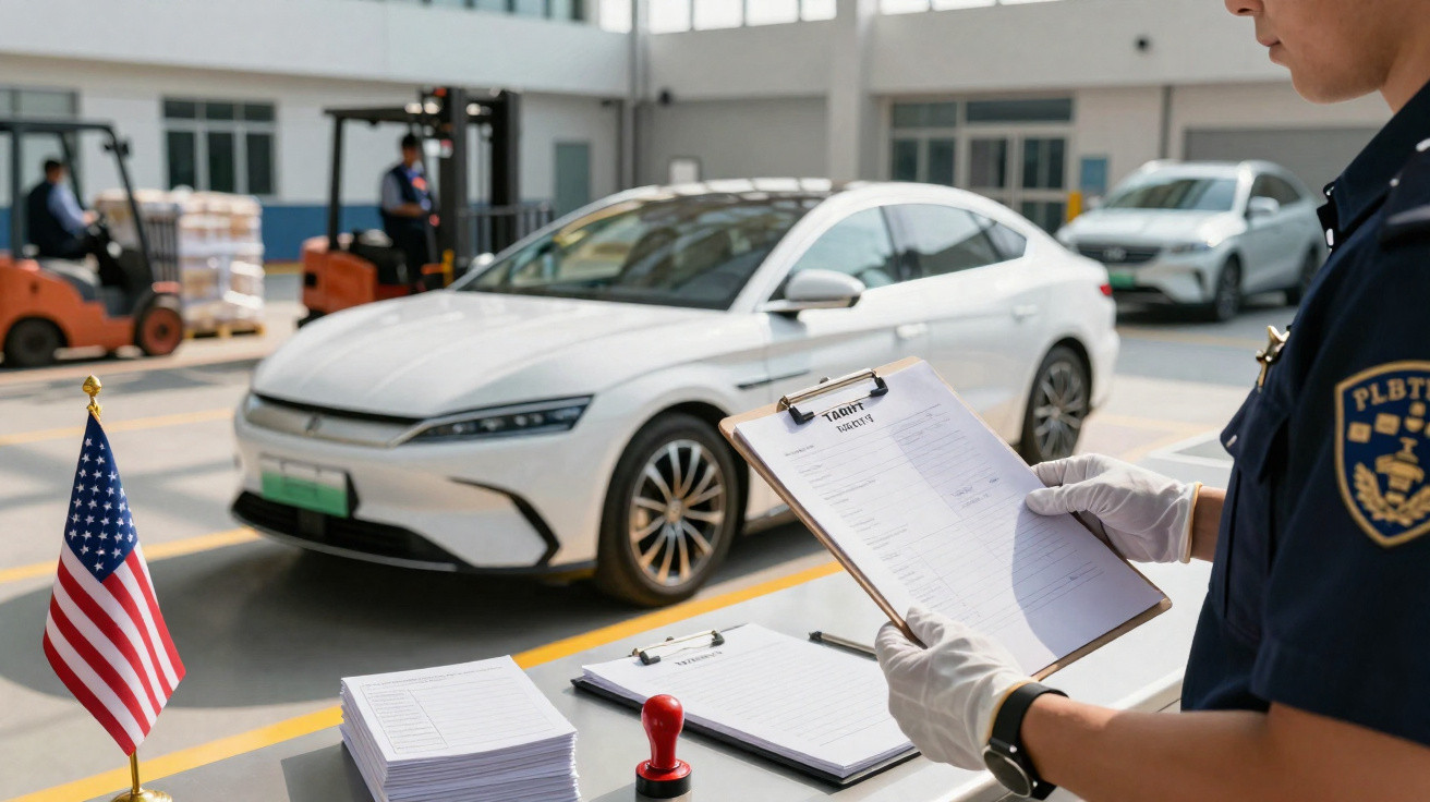 Funcionário de controlo de qualidade a inspecionar carros brancos numa área de armazenamento exterior.