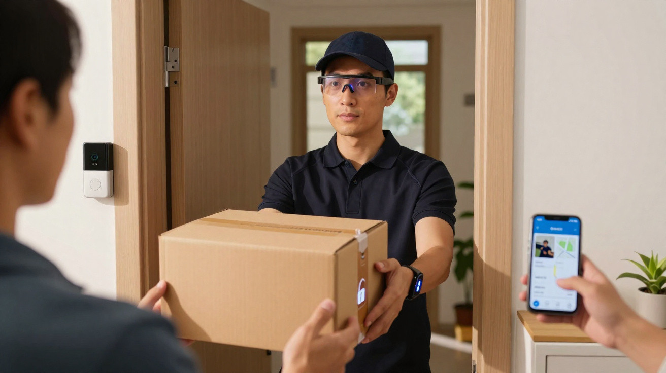 Entregador com uniforme preto a entregar uma encomenda em caixa de cartão na porta de uma casa.