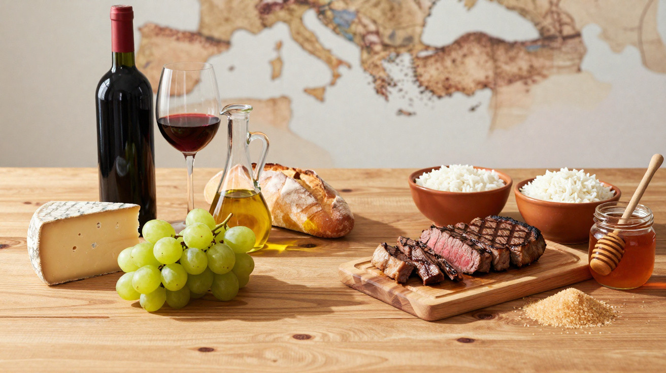 Mesa de madeira com vinho tinto, queijo, uvas, pão, azeite, arroz, bife grelhado e mel.