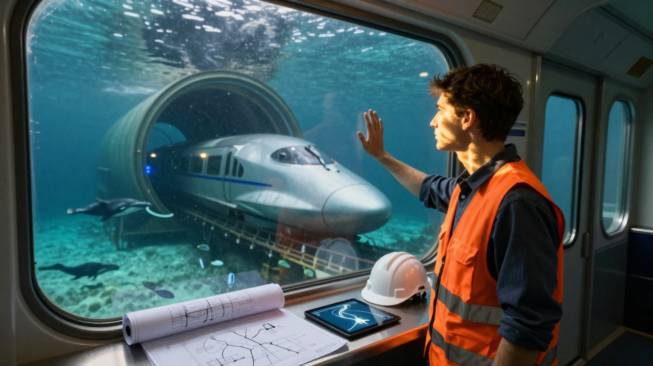 Homem com colete refletor observa comboio futurista em túnel subaquático com peixes a nadar.
