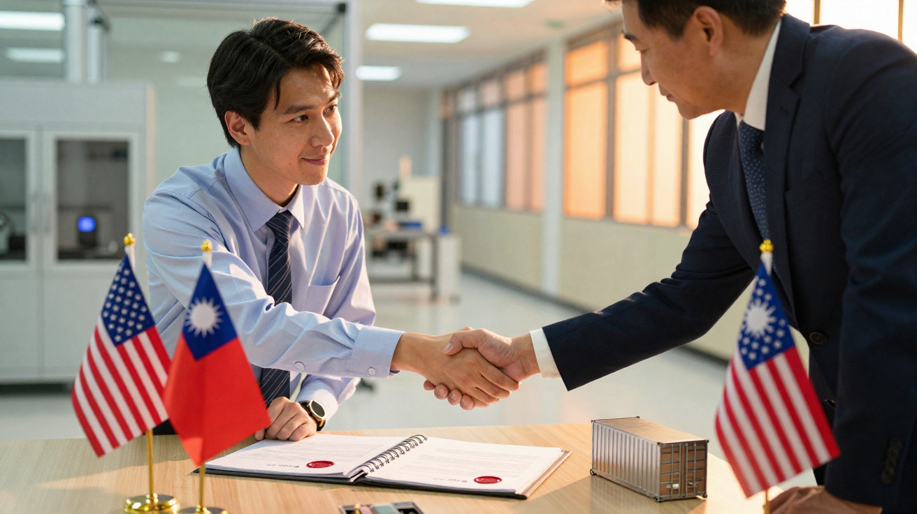 Duas homens apertam as mãos numa sala de reuniões com bandeiras dos EUA e Taiwan numa mesa com documentos e mini contentores.