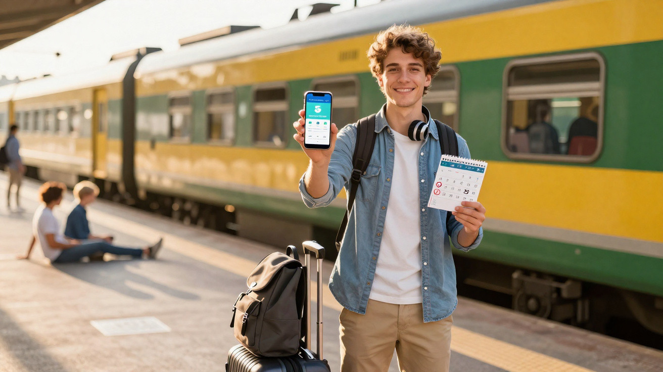 Jovem sorridente na estação de comboios mostra bilhete e telemóvel com aplicação de viagens.