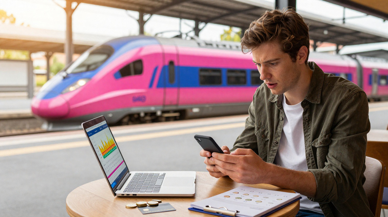 Homem sentado numa estação de comboios a usar telemóvel e portátil, com um comboio rosa em fundo.