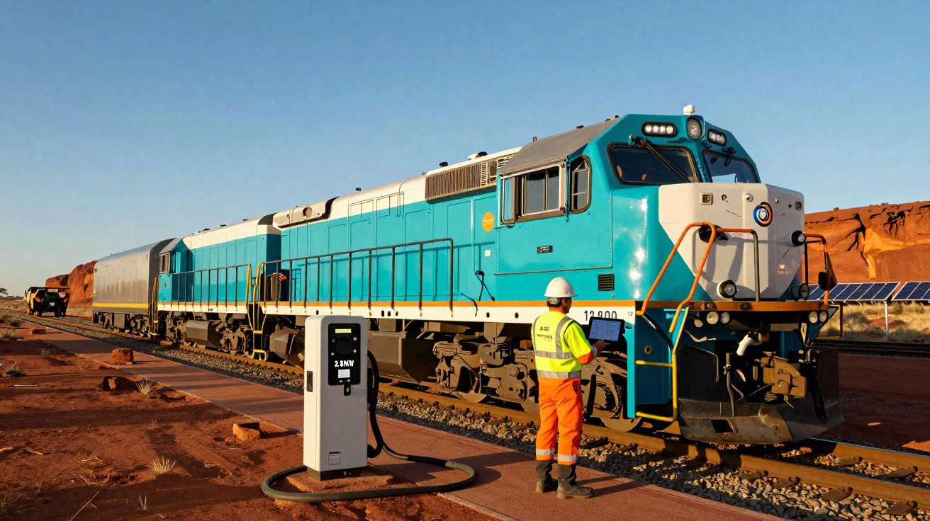 Locomotiva azul e branca em estação deserta com trabalhador de colete e capacete junto a equipamento elétrico.