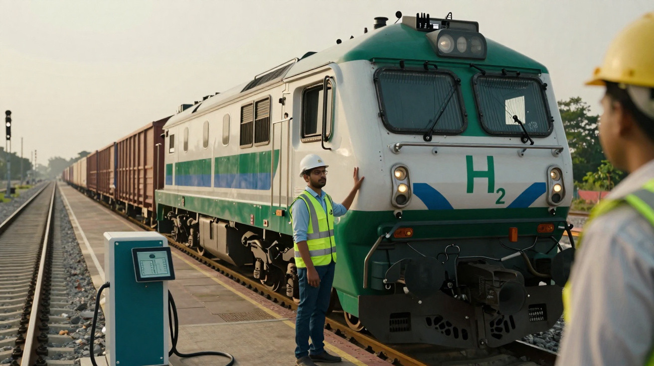 Comboio com locomotiva a hidrogénio H2 numa estação, com dois trabalhadores de capacete e colete refletor.