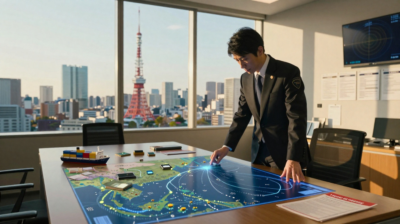 Homem de fato analisa mapa digital interativo sobre mesa numa sala com vista para a cidade e torre vermelha.