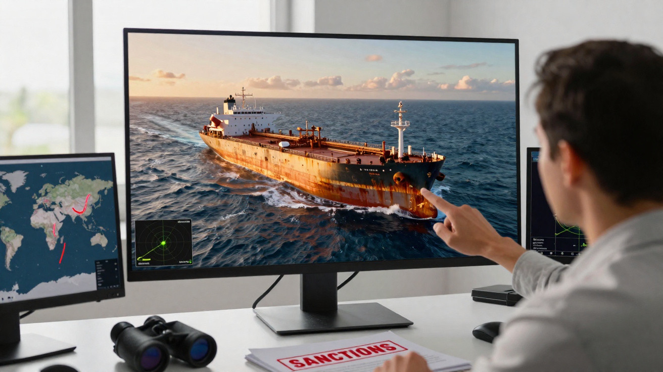 Homem analisa imagem de navio de carga no ecrã de computador num escritório com mapas e binóculos.