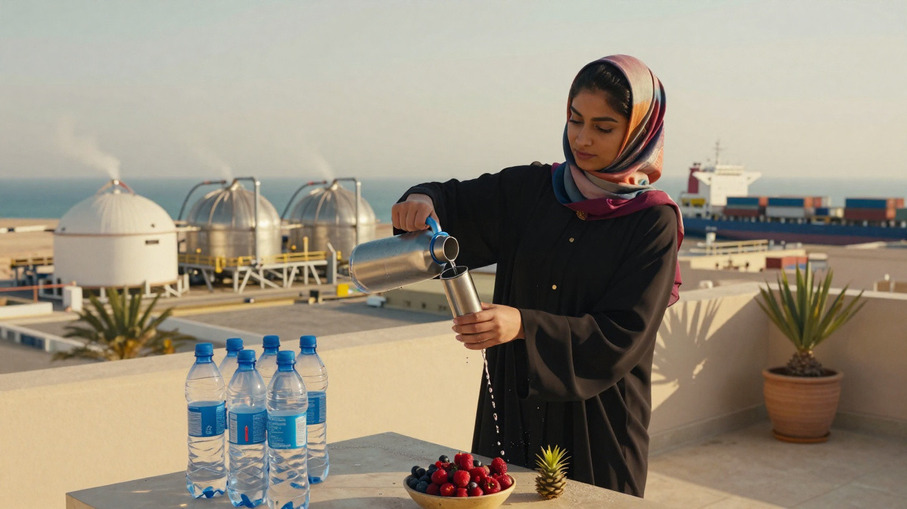 Mulher de lenço na cabeça a servir bebida numa garrafa térmica num terraço com frutas e garrafas de água.