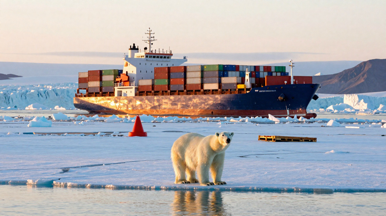 Urso polar em gelo no mar Ártico com navio de contentores ao fundo durante o pôr do sol.
