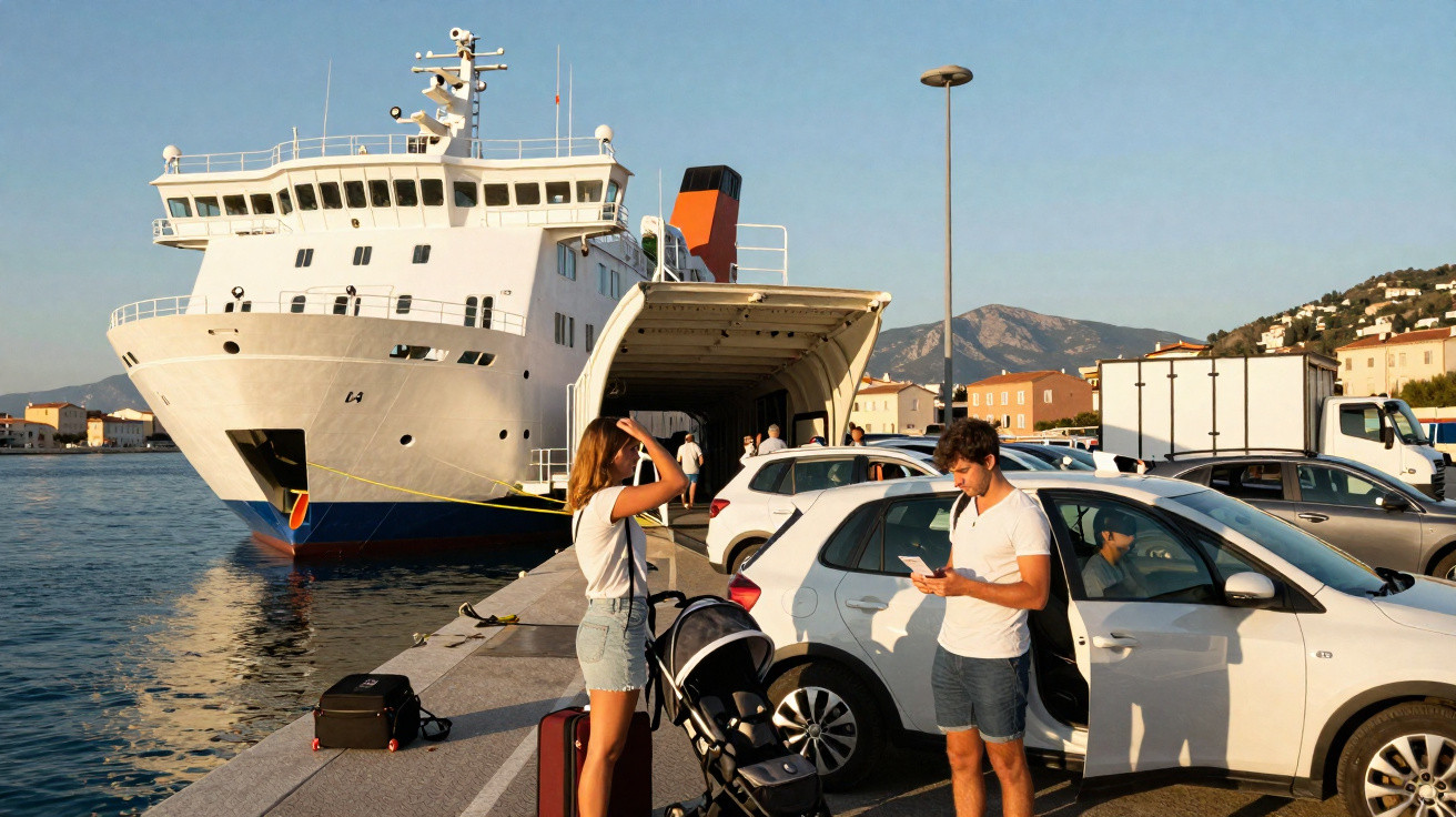 Porto com ferry atracado, pessoas junto a carros e carrinho de bebé numa tarde ensolarada.