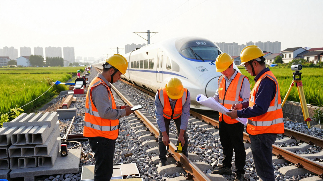 Quatro trabalhadores de construção com coletes e capacetes a inspecionar carril ferroviário com comboio de alta velocidade ao