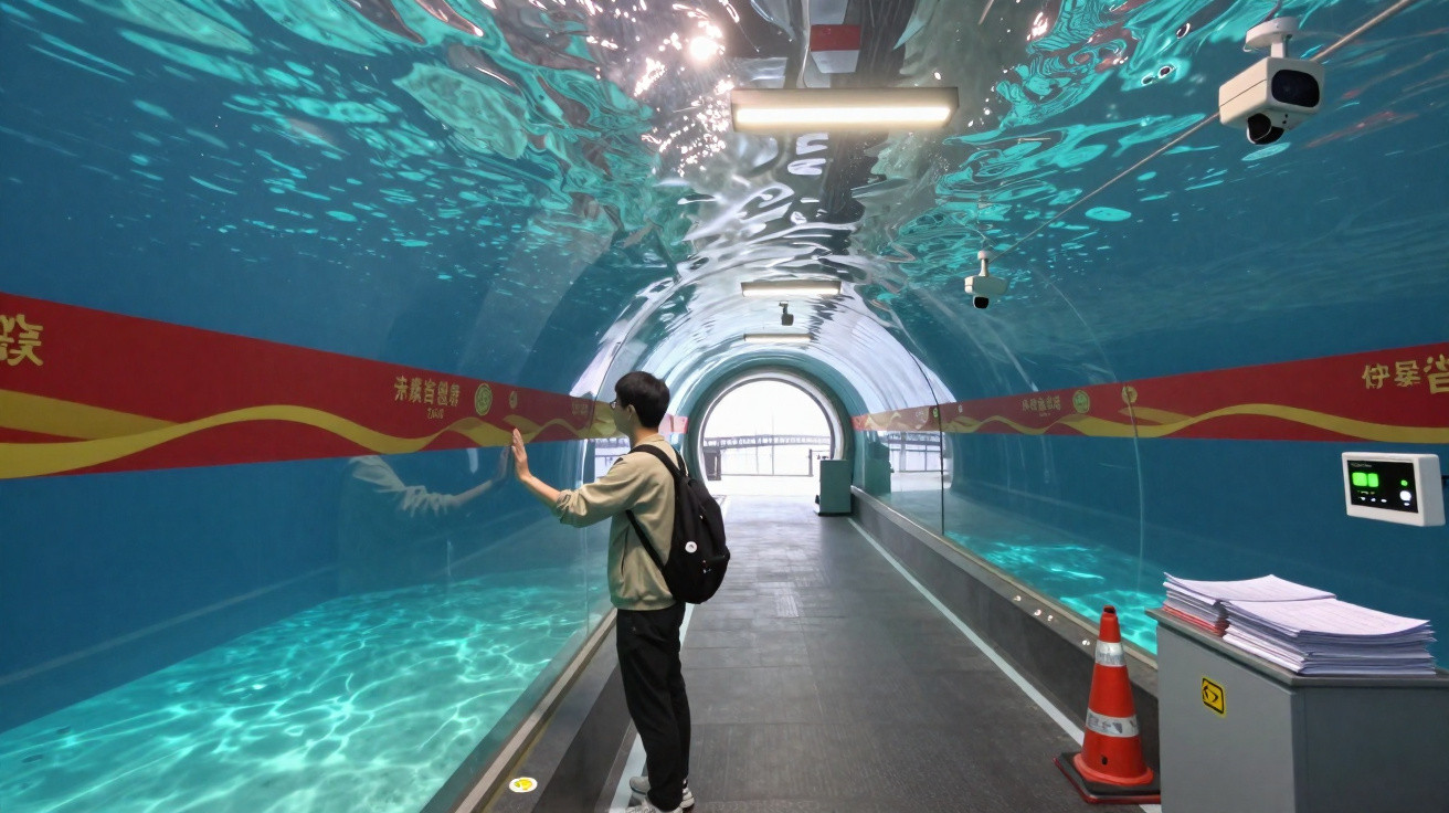 Pessoa com mochila observa peixes em túnel de vidro subaquático num aquário.