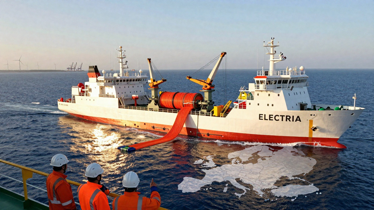 Navio de instalação elétrica no mar com tripulação a observar e mapa digital da Europa na água.