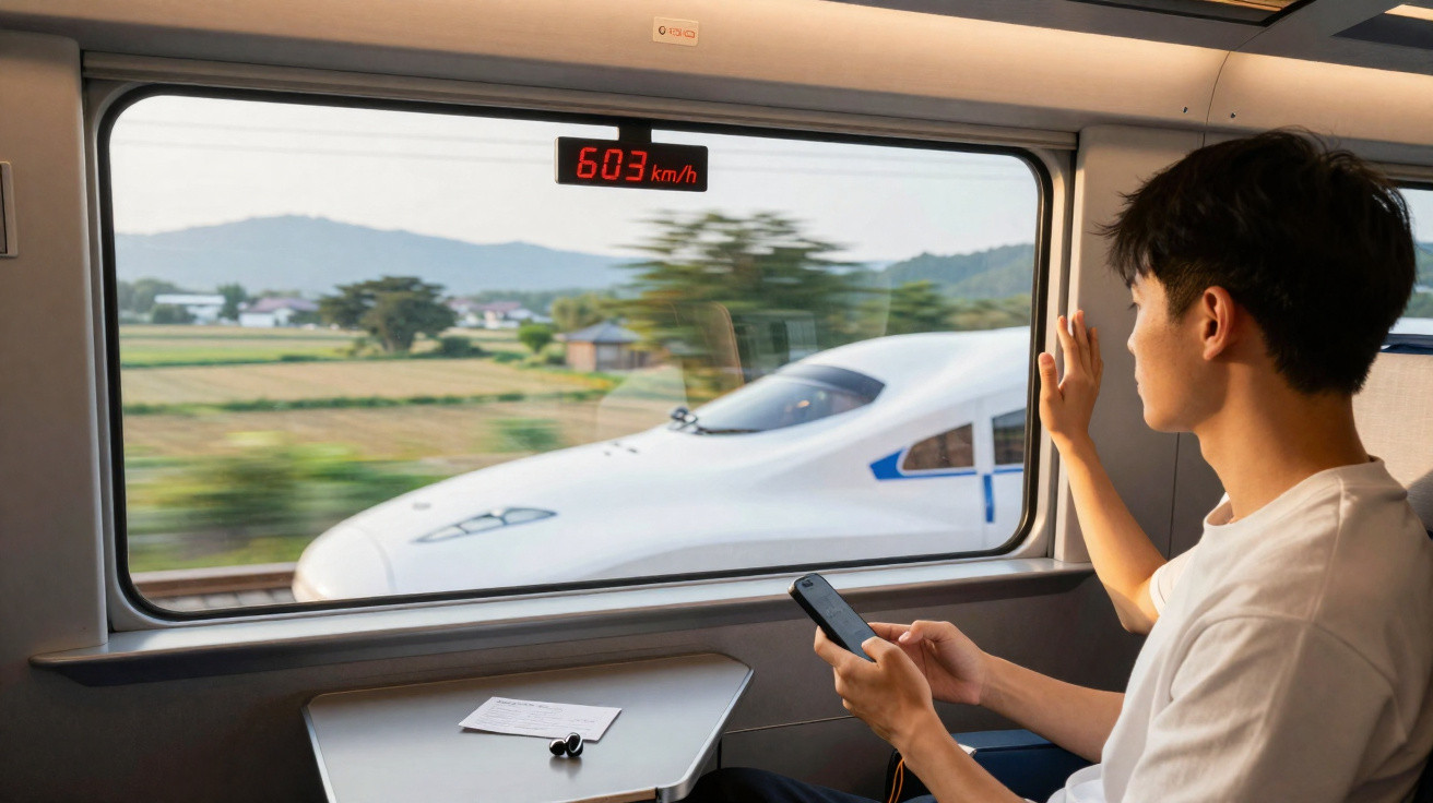 Homem num comboio de alta velocidade a 603 km/h observa outro comboio rápido passar pela janela.
