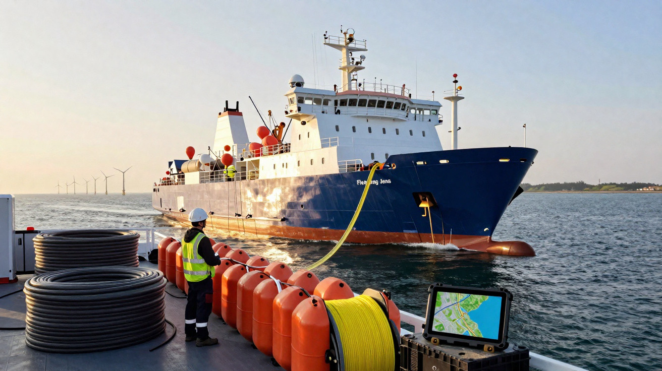 Navio azul e branco no mar a ligar cabos, com técnico em colete e capacete e turbinas eólicas ao fundo.