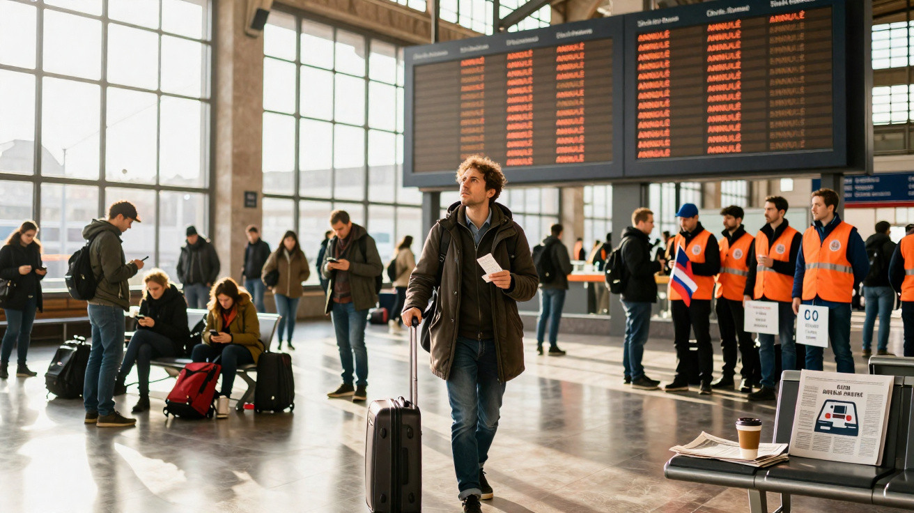 Passageiros com bagagem aguardam em estação enquanto quadro de voos no fundo indica cancelamentos.