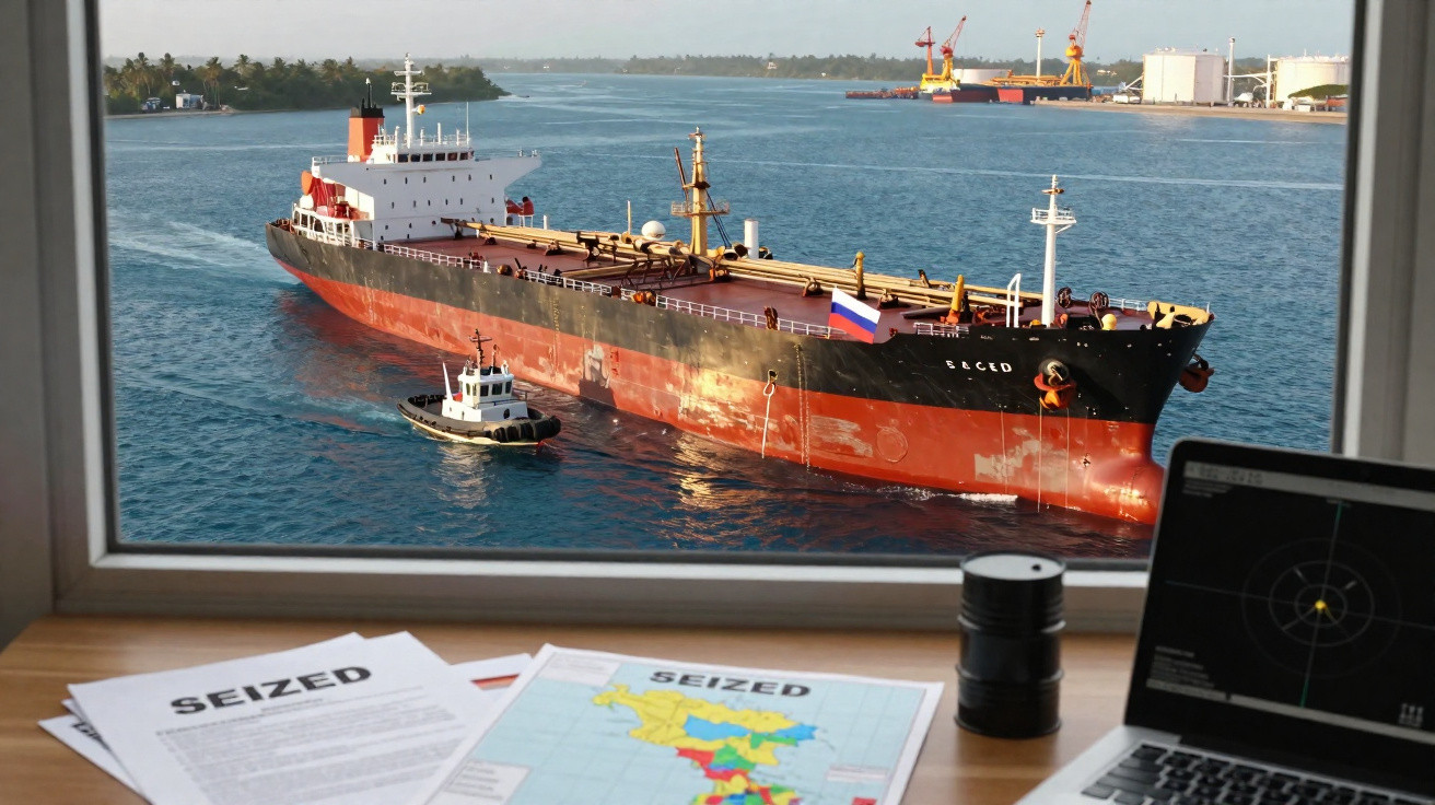 Navio petroleiro russo apreendido visto através de uma janela com documentos e computador no interior.
