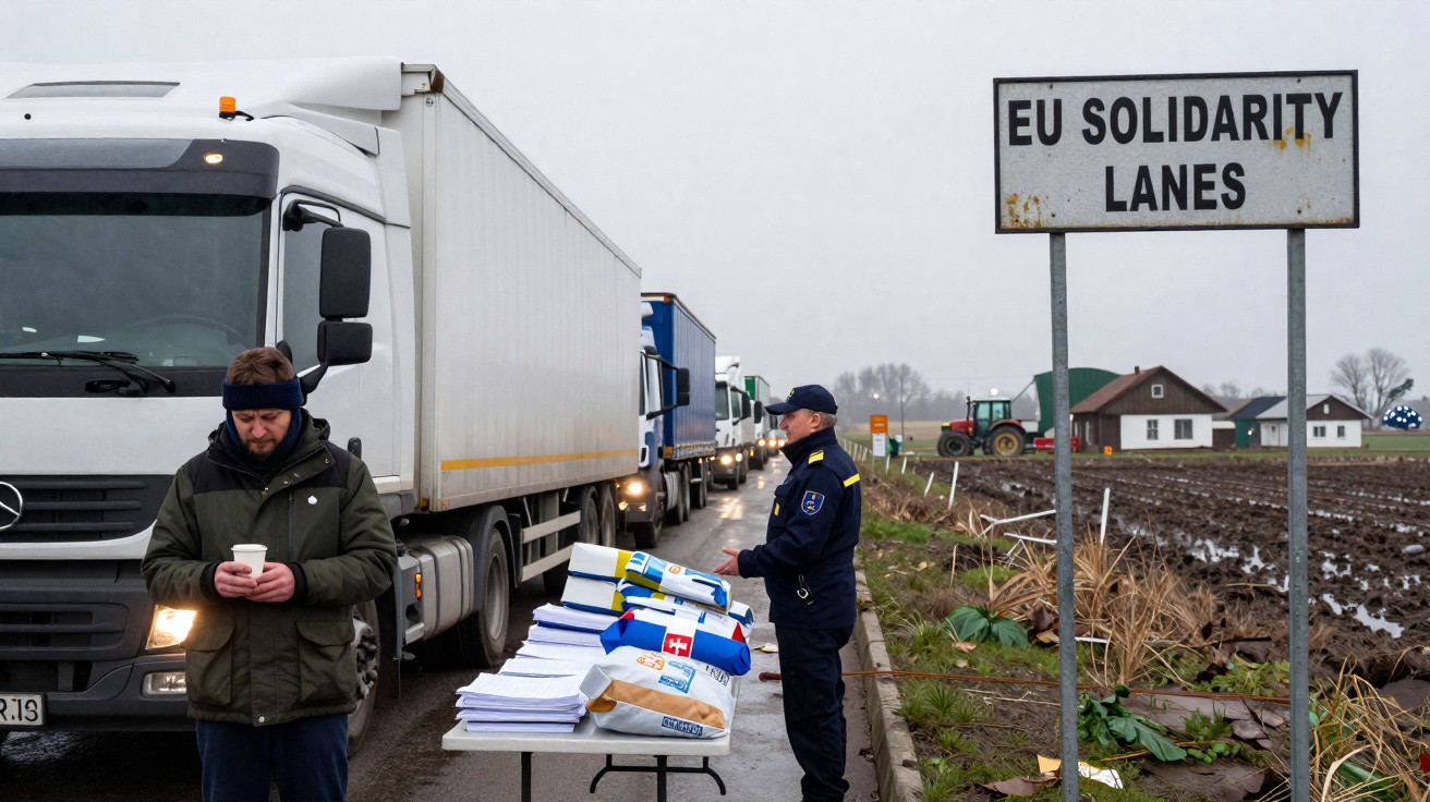 Fila de camiões na via de solidariedade da UE com pessoas e documentos sobre a mesa ao lado da estrada.