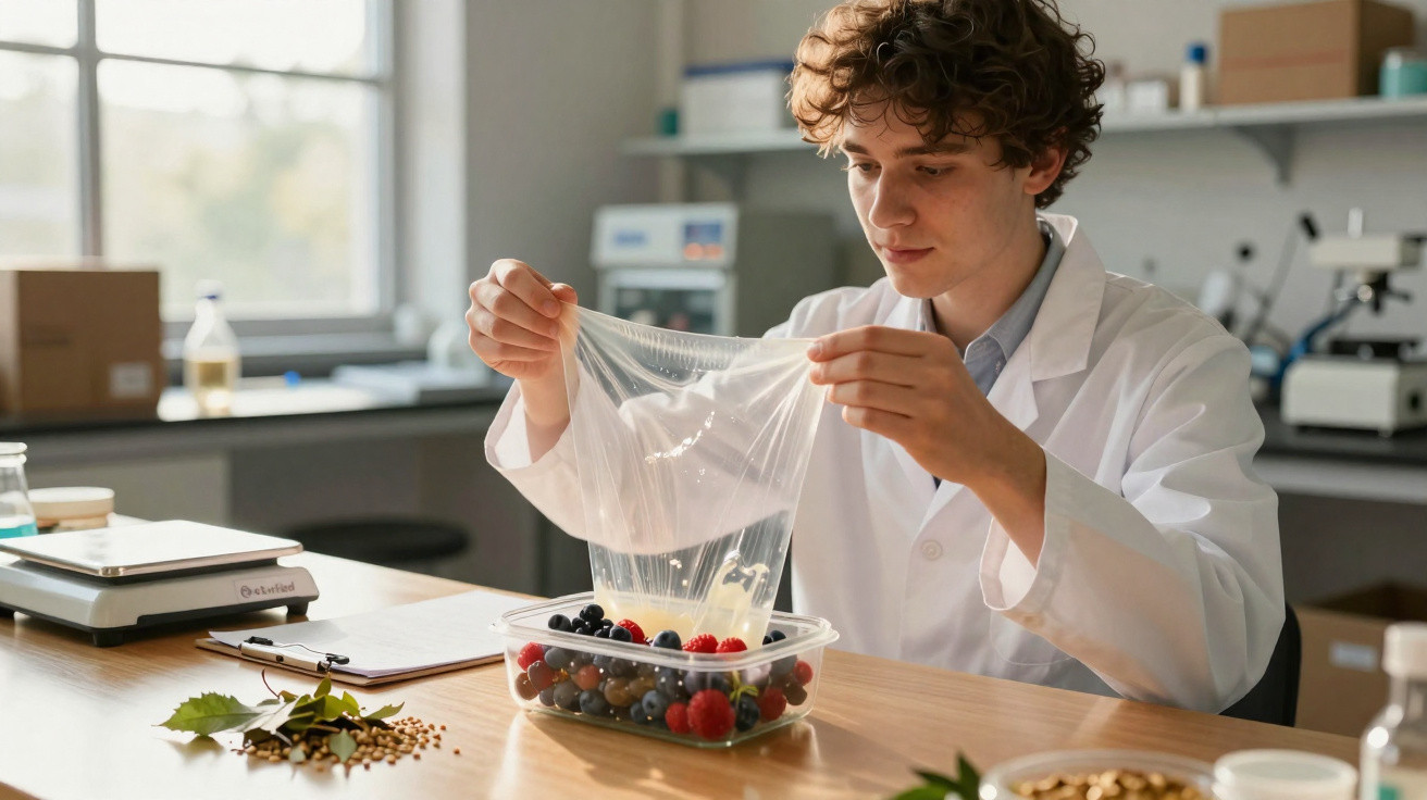 Jovem cientista em bata branca a manusear material plástico transparente sobre caixas com frutas em laboratório.