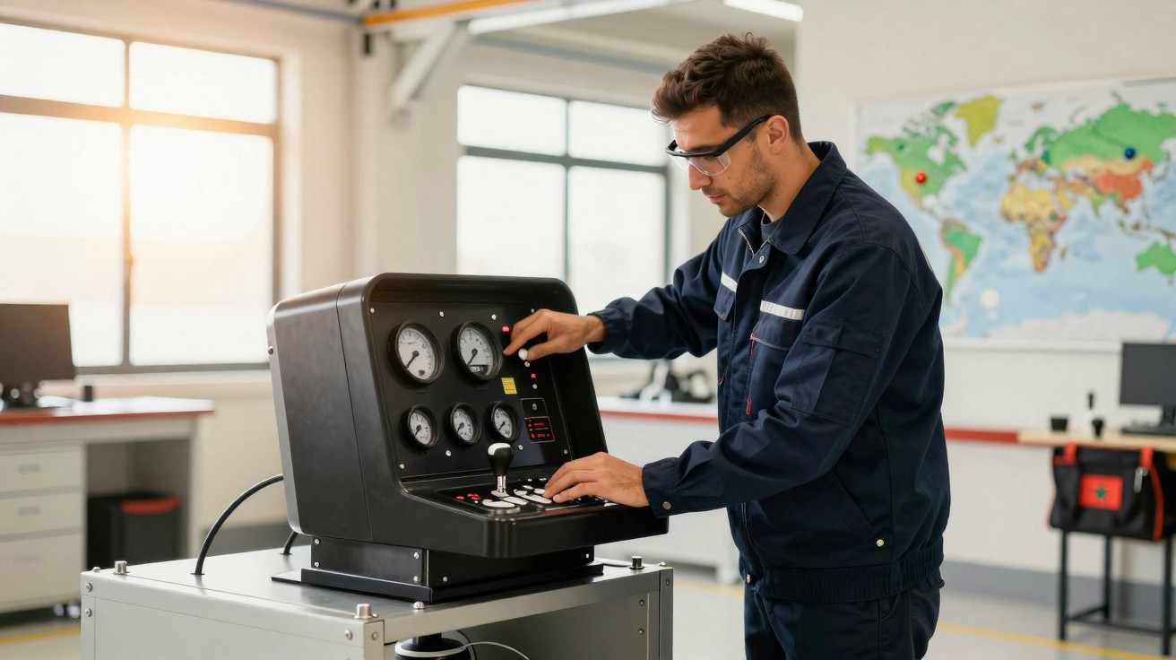 Homem em uniforme azul a operar equipamento industrial com mostradores num laboratório luminoso.