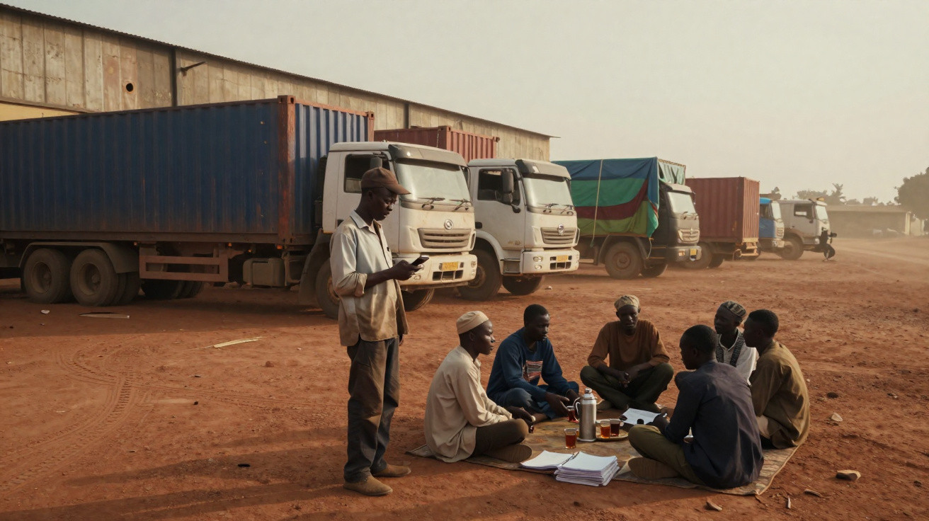 Homens sentados no chão junto a documentos e chá, com camiões estacionados ao fundo em solo de terra vermelha.