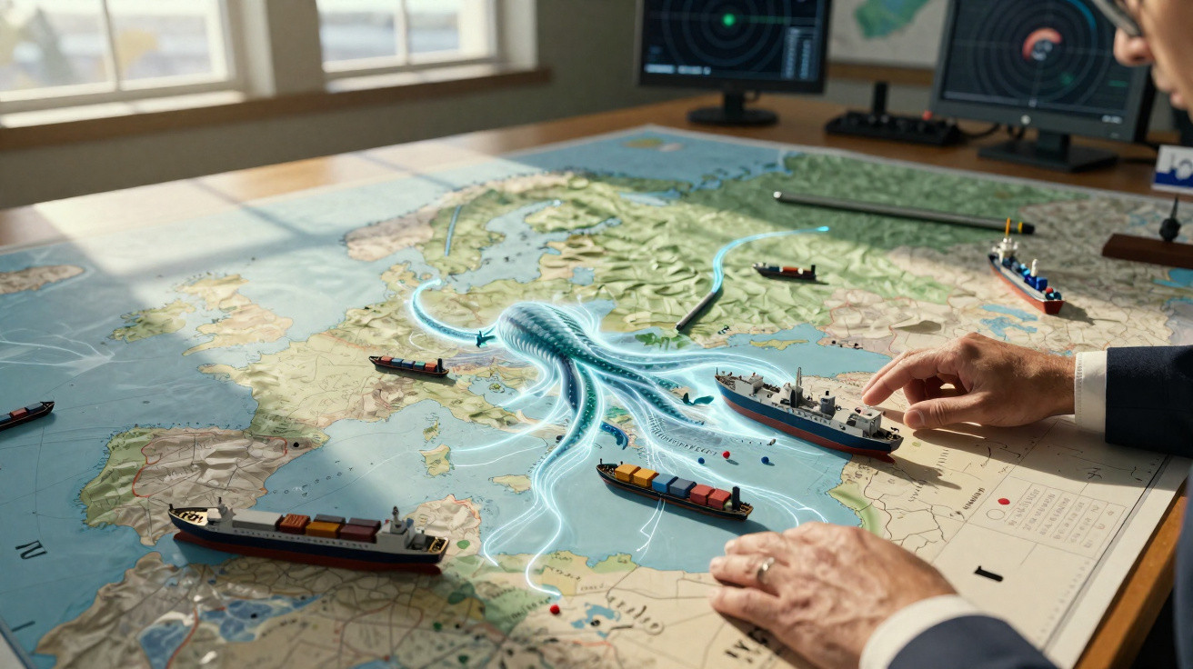 Mapa marítimo com figuras de navios e um polvo digital em 3D, mãos de homem ajustando navios.