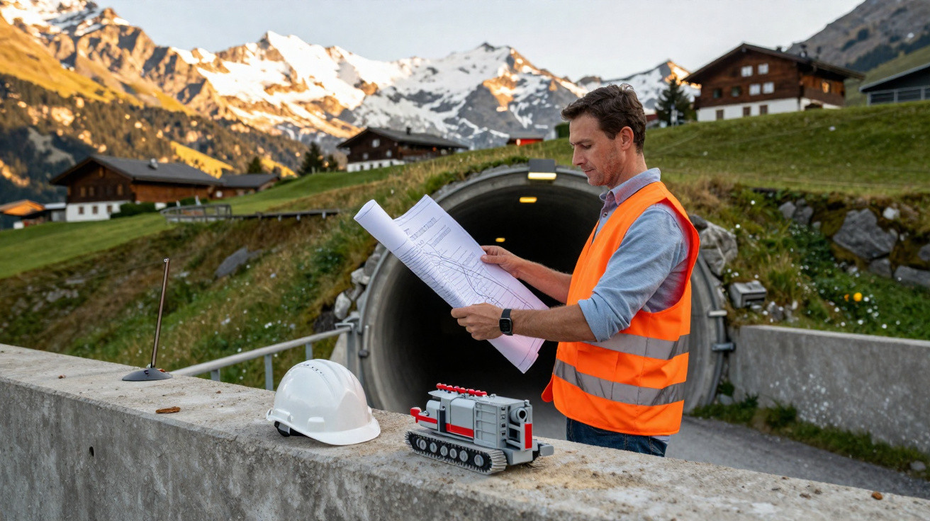 Homem com colete refletor a analisar plantas junto a túnel de montanha com neve e casas ao fundo.