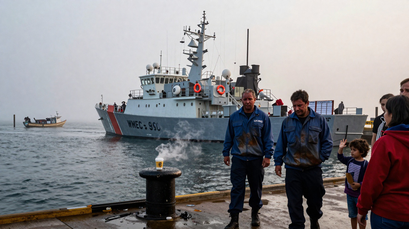 Homens em uniforme caminham no cais junto a navio patrulha no mar e pessoas observam ao lado.