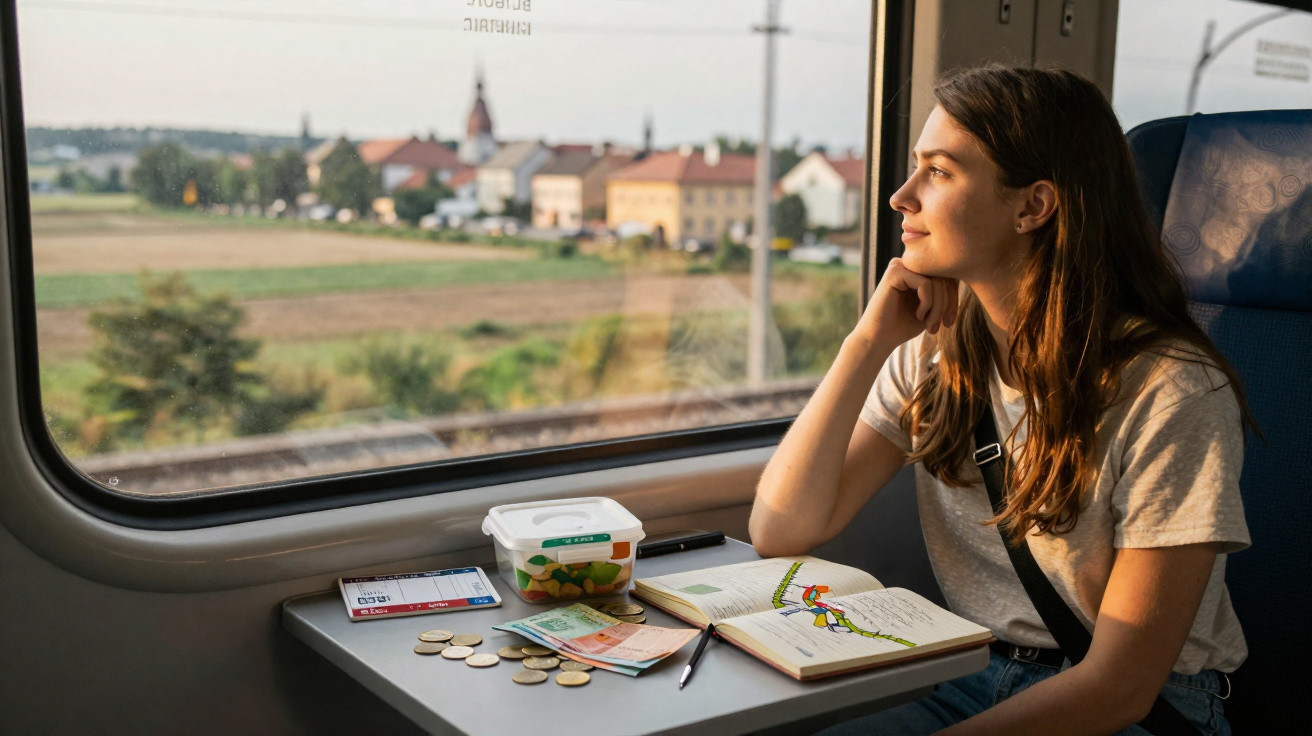 Mulher sentada de olhar contemplativo junto a janela de comboio, com mapas, dinheiro e lanche na mesa.