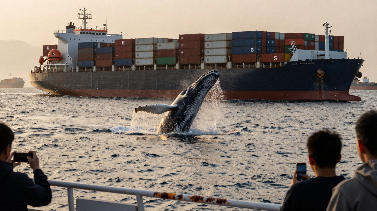 Baleia a saltar perto de um navio de carga com três pessoas a fotografar a cena a partir de outro barco.