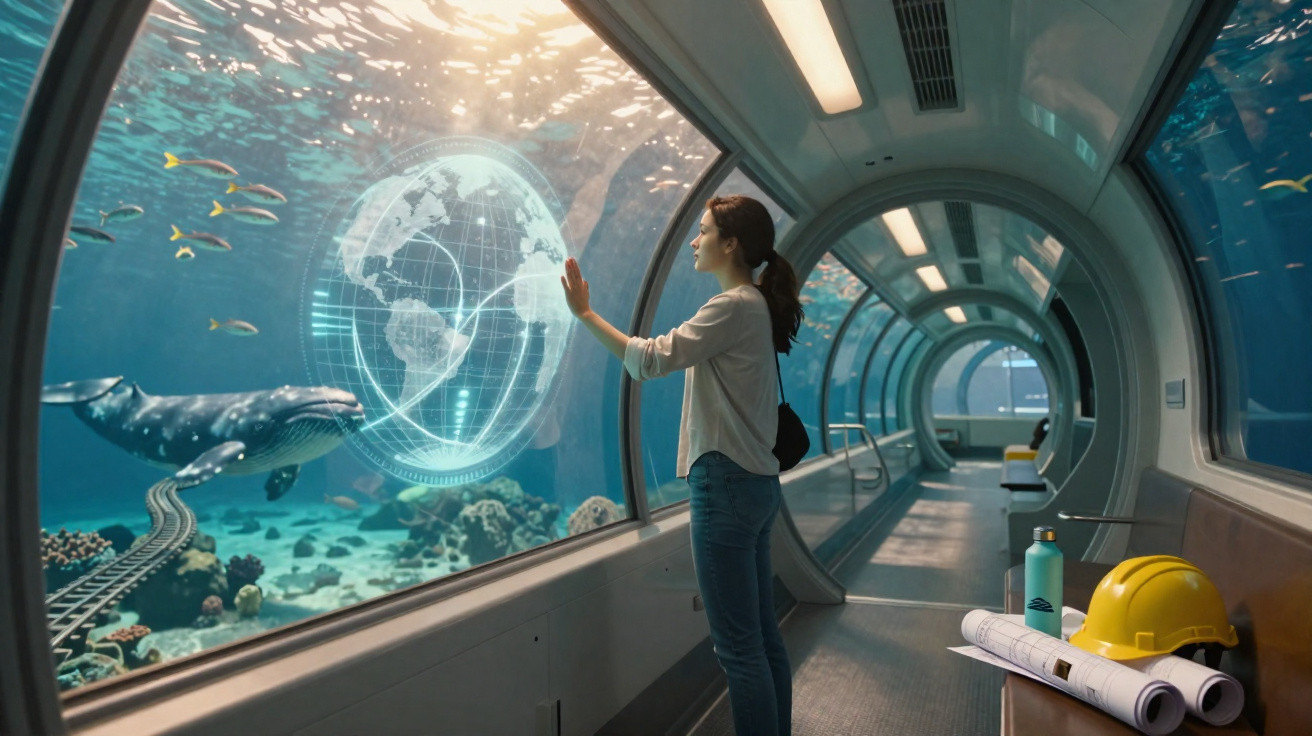 Mulher interage com holograma de globo num túnel subaquático, com baleia e peixes no fundo do mar.