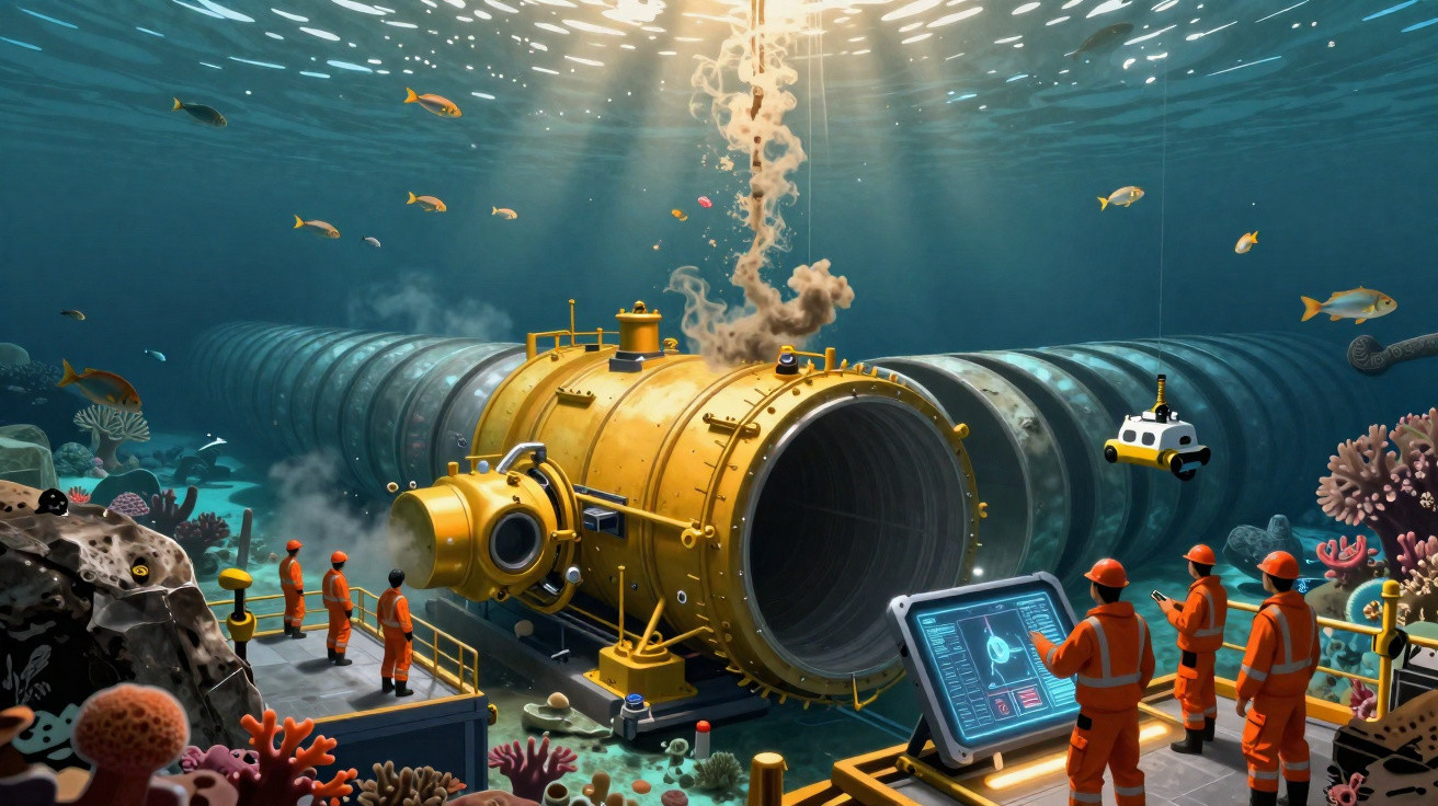 Técnicos subaquáticos trabalham na instalação de um grande tubo metálico em fundo marinho com peixes e corais.