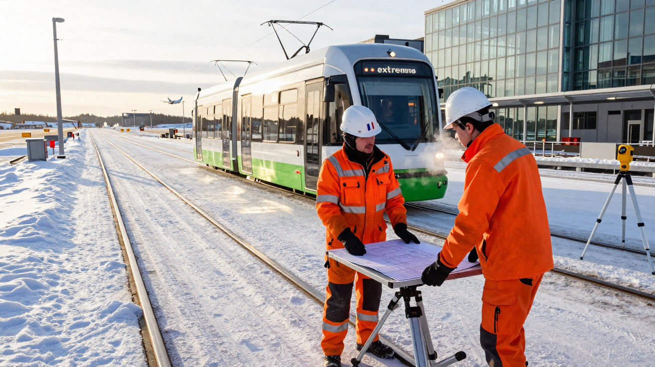 Dois trabalhadores com uniformes laranja e capacetes analisam mapas junto a linhas de comboio com neve.