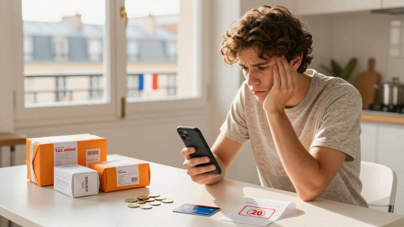 Jovem preocupado a olhar para o telemóvel, sentado à mesa com moedas, cartão e embalagens de encomendas.